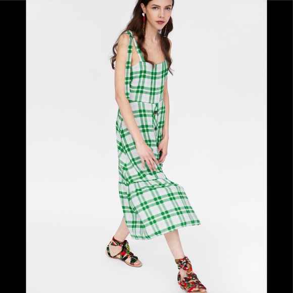 ZARA Green Checkered Tie Straps with Buttons Dress - Picture 5 of 11
